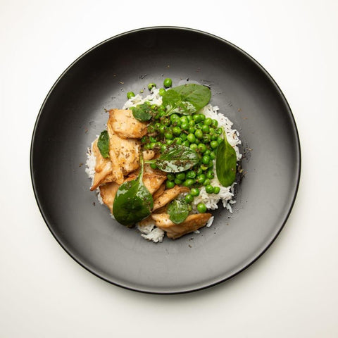 Vegan Chicken con riso basmati & piselli